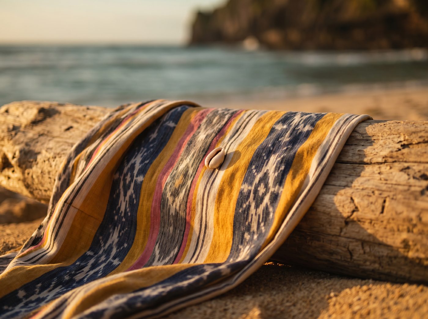 Hand-woven ikat textile in yellow, navy, pink and ivory draped over driftwood at golden hour, Bali coast