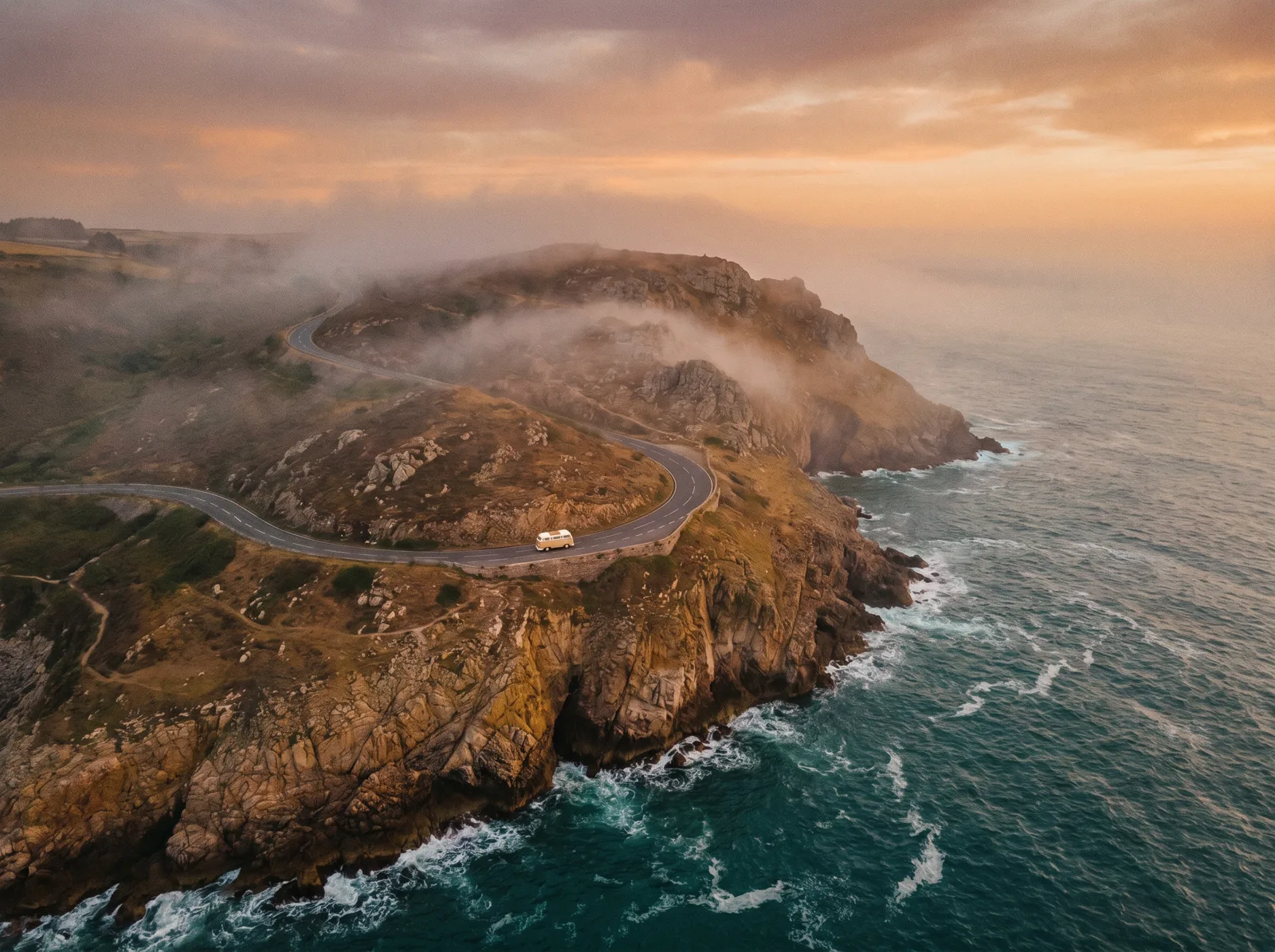 Aerial coastal road at sunrise with mist and ocean cliffs