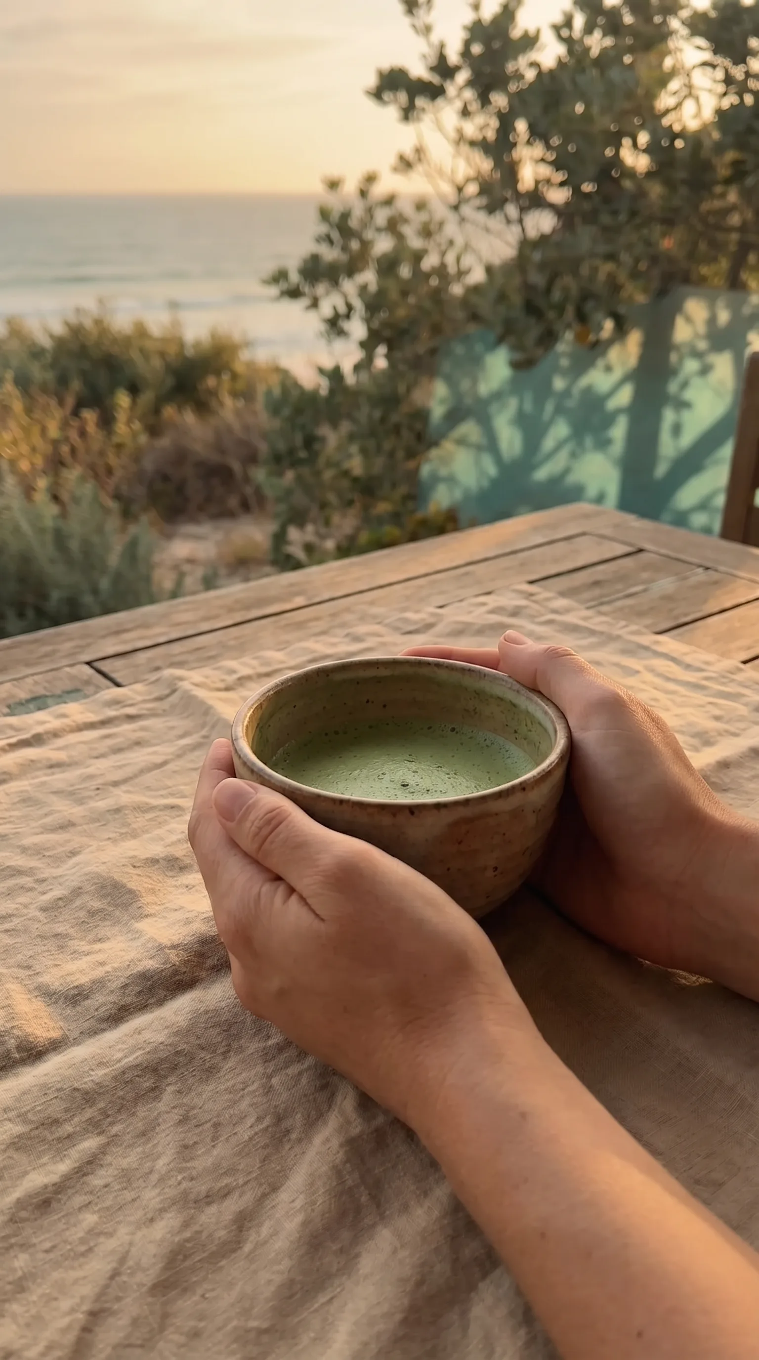 Hands holding a ceramic matcha bowl on linen at the coast
