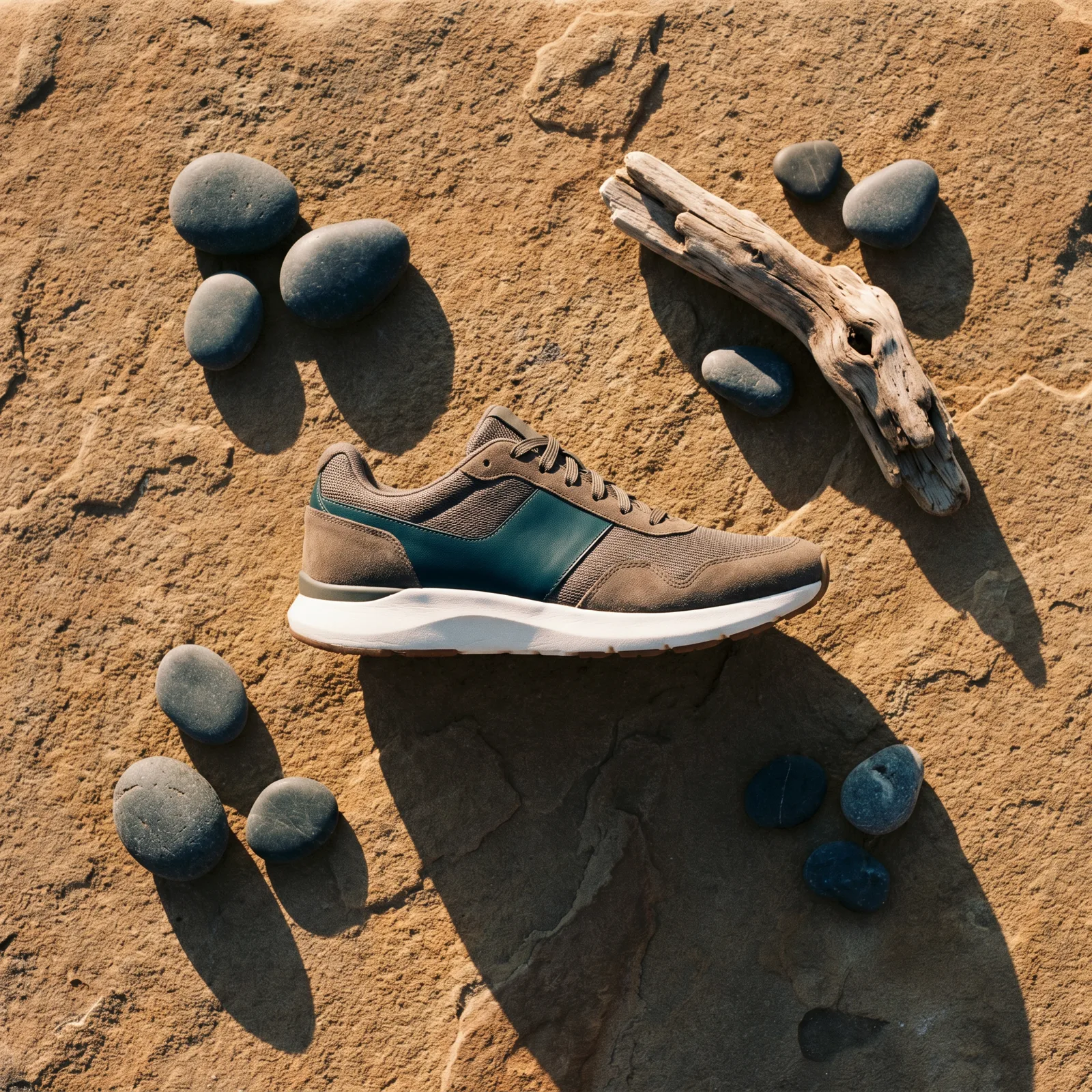 Premium running shoe on sandstone with pebbles and driftwood