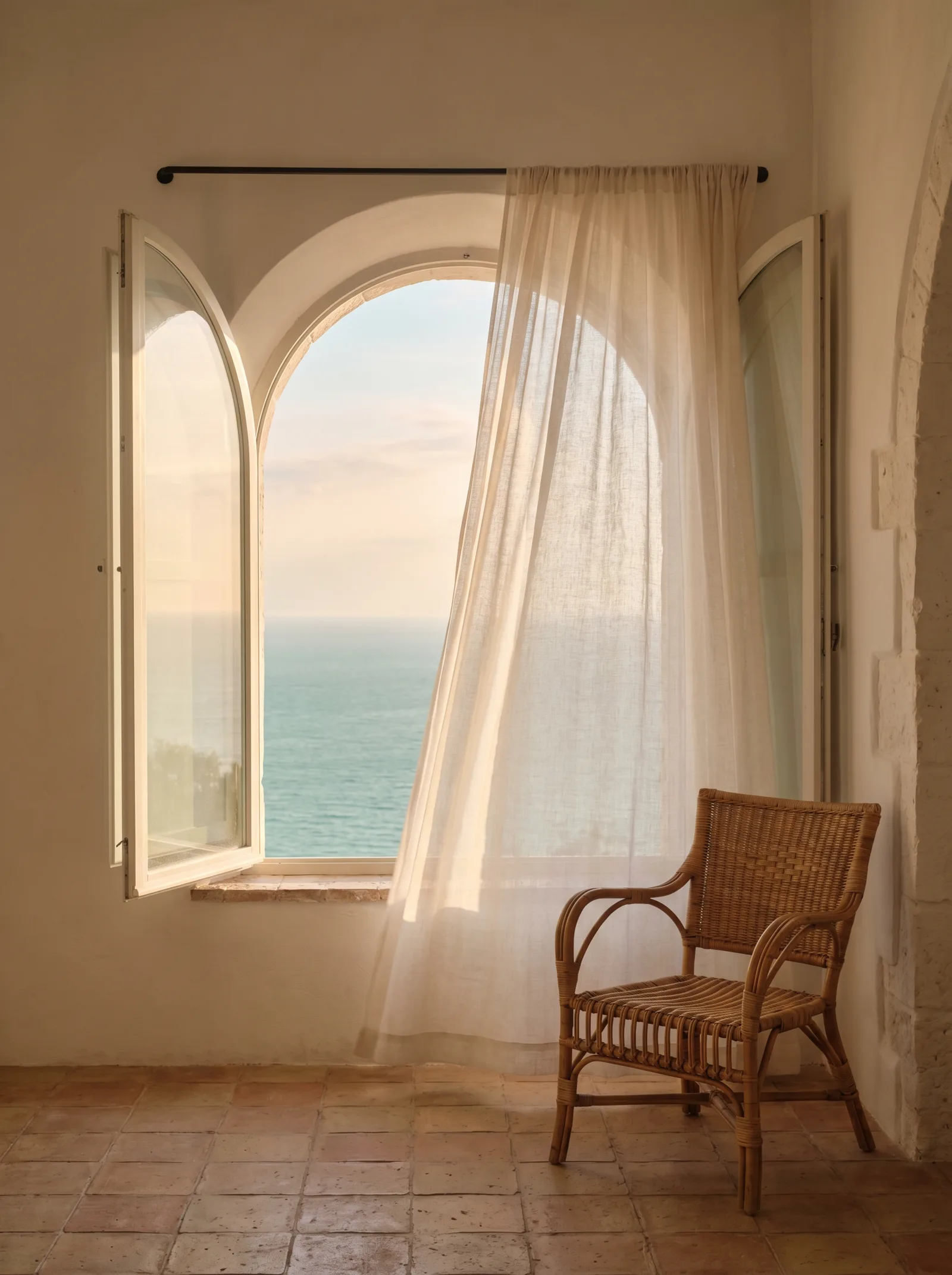 Minimalist coastal villa interior with arched window and ocean view