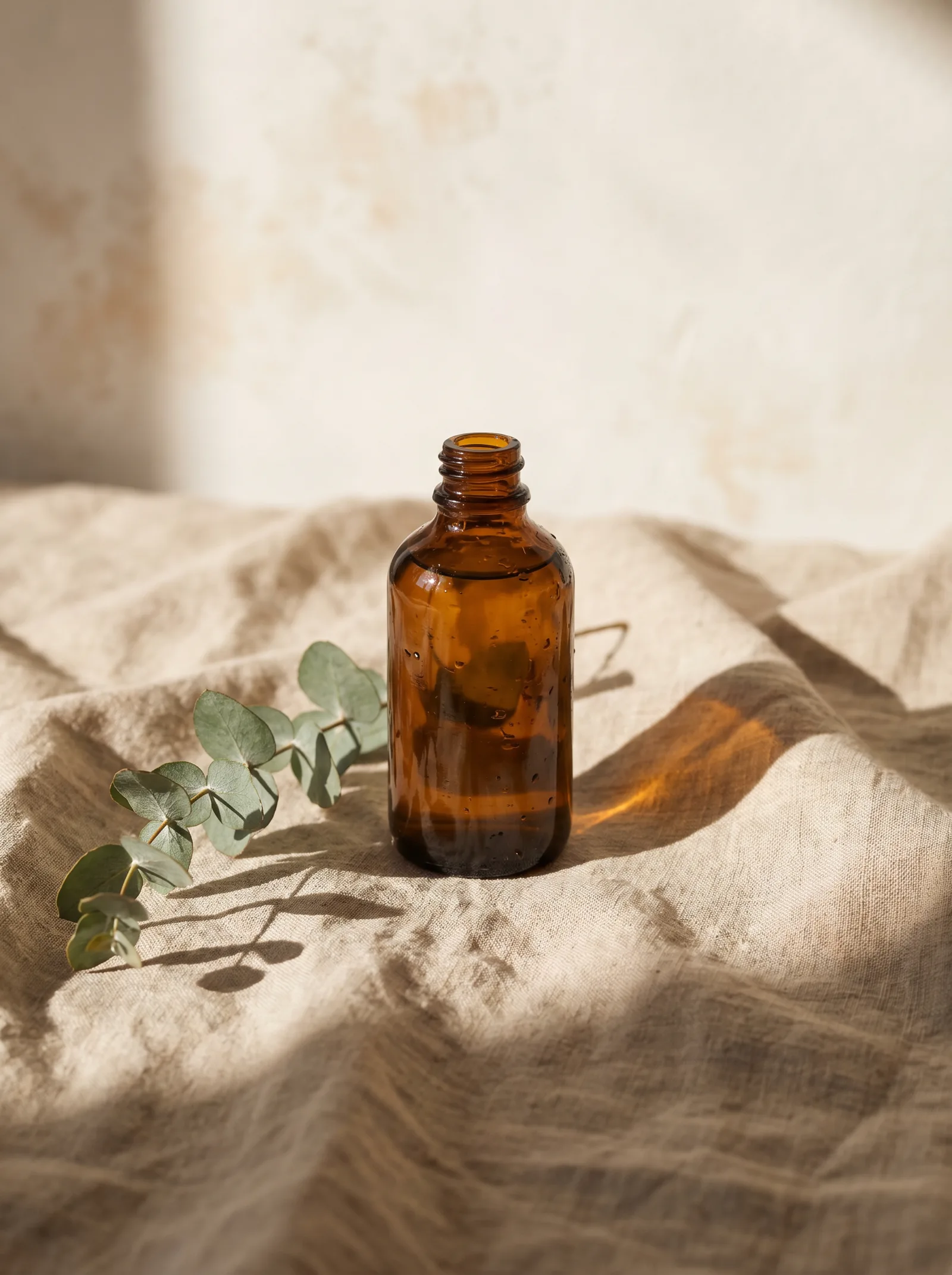 Amber glass skincare bottle on linen with eucalyptus